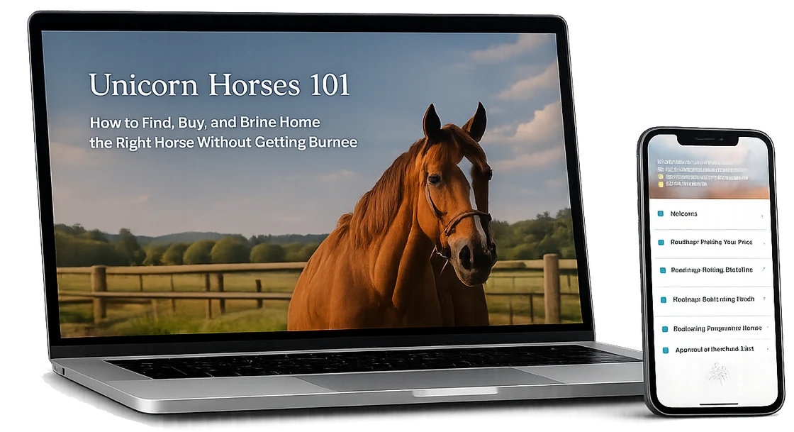 Unicorn Horses 101 online course shown on a laptop and phone