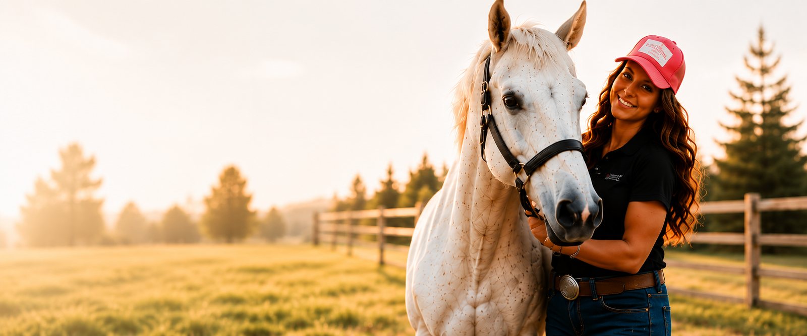 Sarah Bennett with her grey horse at golden hour